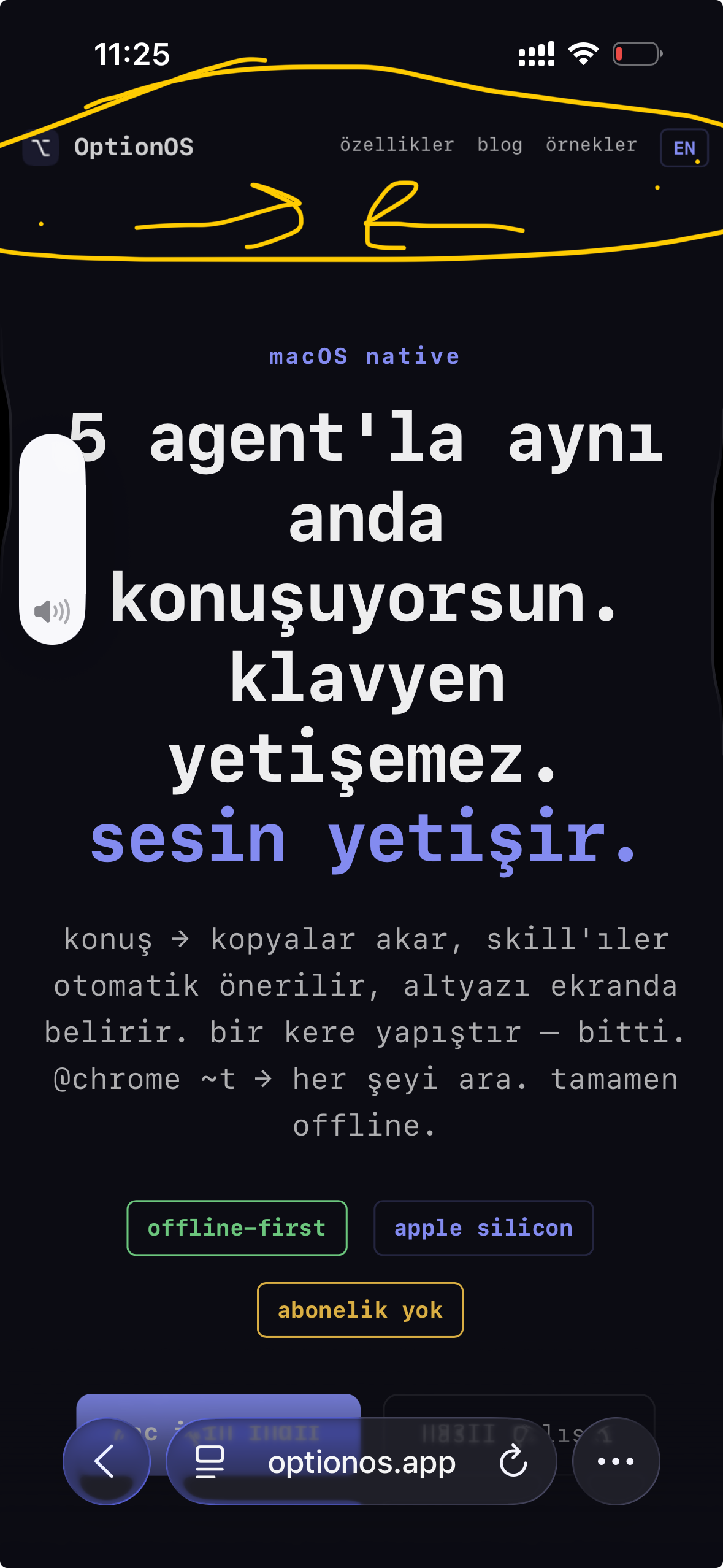 iPhone screenshot of mobile layout with yellow annotation marking nav bar issue