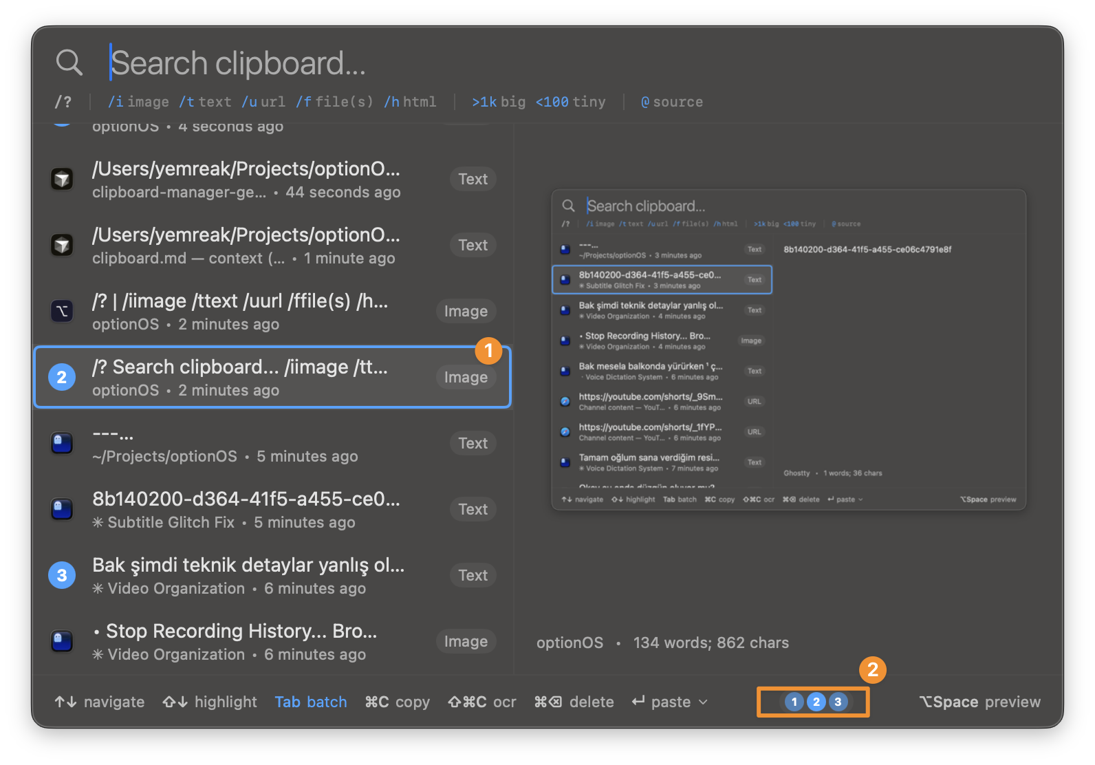 Seçilen ögeler numaralanmış — 1, 2, 3 sırasıyla yapıştır