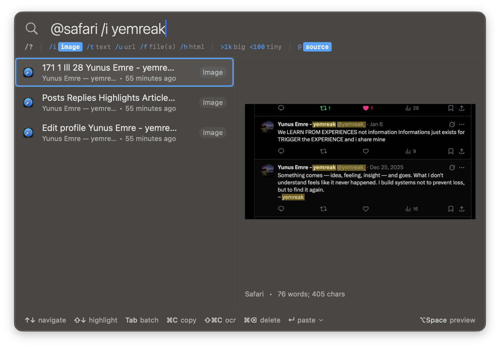 OCR text search inside images — searching 'yemreak' in screenshots copied from Safari