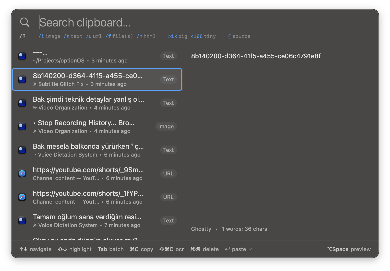 Clipboard panel — Text, Image, URL all in one place, with source app and timestamp