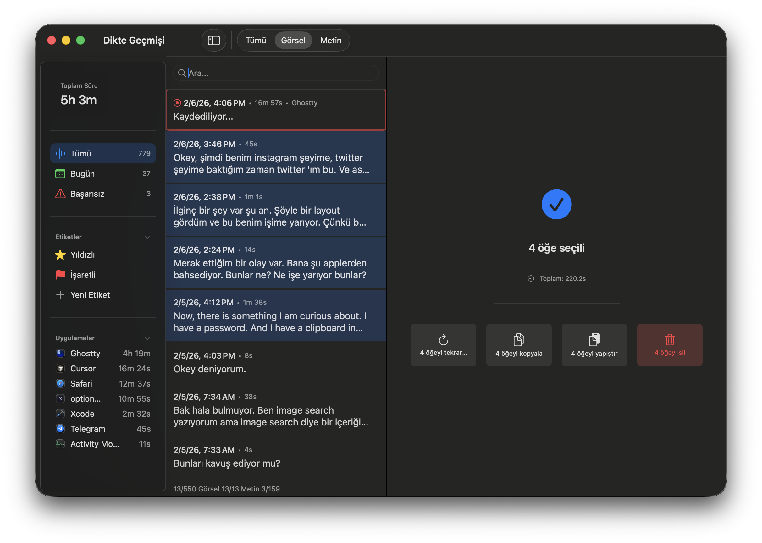 4 conversations selected, 220 seconds total — batch copy, paste, retry