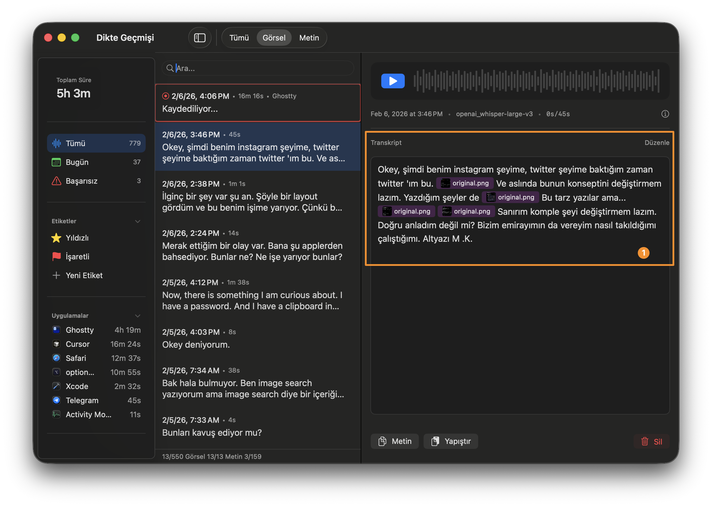 Copies appear inline during speech — text, images, code in order
