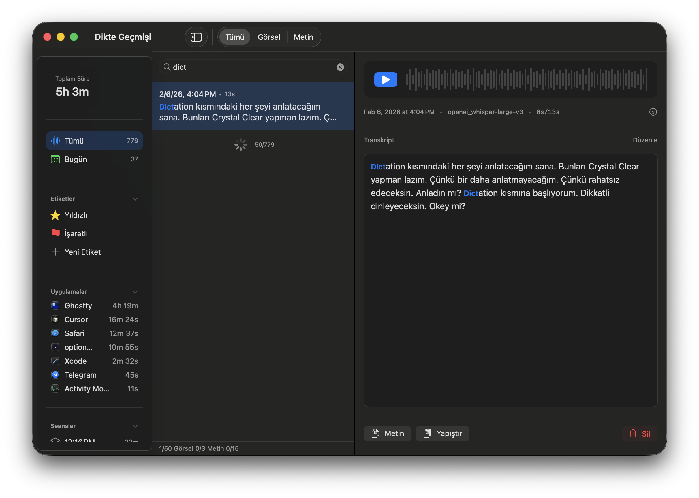 Dictation History — 779 recordings, filter by app, search within text