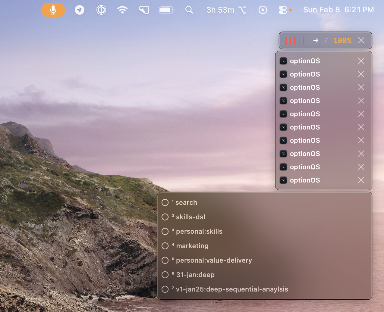 HUD top-right: active apps, loaded skills, recording status — always visible