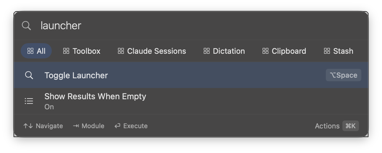 Launcher — kategori tabları, arama, Actions ile hotkey atama