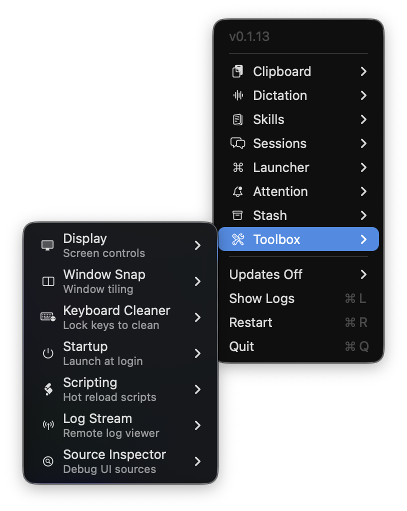 Toolbox menüsü — Display, Window Snap, Keyboard Cleaner, Startup, Scripting, Log Stream, Source Inspector
